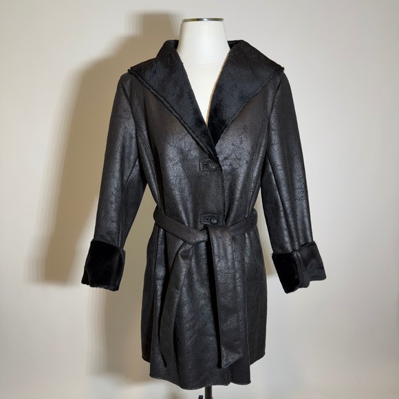 Calvin Klein Jackets & Blazers - Calvin Klein Faux Suede/Shearling Fur Lined Trench Coat Belted Womens XS Black
